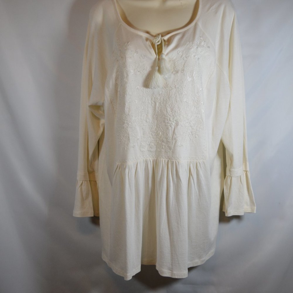 J. Jill Embroidered Bell Sleeved Tie Neck Cream Women's XL Blouse